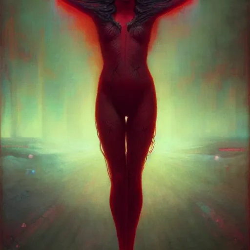 Image similar to Portrait Masterpiece, Wanda Maximoff, red, glowing, wires everywhere, by Edgar Maxence and Ross Tran, Zdzisław Beksiński, and Michael Whelan, distant, gustav dore, H.R. Giger, 8k, octane render