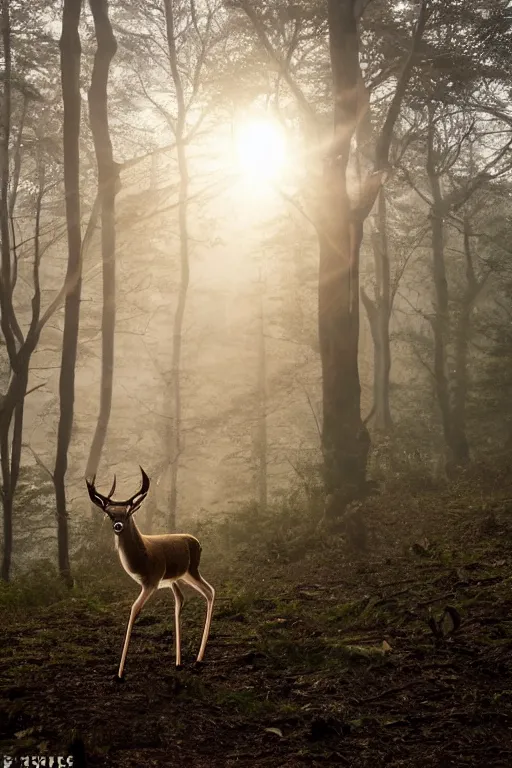 Prompt: a close up of a white-eyed deer, background of a landscape misty forest scene, the sun glistening through the trees