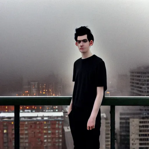 Image similar to un ultra high definition studio quality photograph portrait of a pale young man with black hair standing on the rooftop of an apartment building wearing eclectic clothes looking away from the camera. wide angle. morning. art directed. clear. fog. three point light. extremely detailed. golden hour, golden ratio, ray tracing, volumetric light, shallow depth of field.