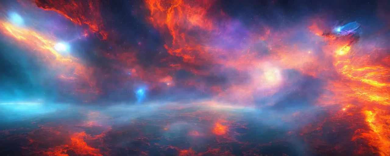 Image similar to warm colours, cinematic incredible mesmerizing render of atmospheric deep space, tendrils, glowing epicentre, volumetric lighting, cathrin machin, lanchen mihalic