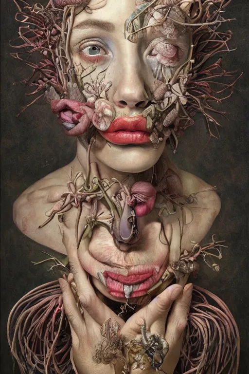 Image similar to Detailed maximalist portrait with large lips and eyes, scared expression, botanical anatomy, HD mixed media, 3D collage, highly detailed and intricate, surreal, in the style of Jenny Saville, dark art, baroque, centred in image, rendered in octane