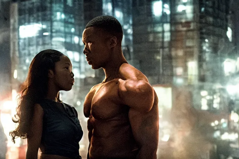 Prompt: movie powerful mutant heroes interracial couple closeup, DC Marvel fashion, Asian, black, Russian, VFX powers at night in the city, city street, beautiful skin, natural lighting by Emmanuel Lubezki