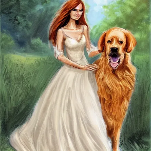 Prompt: woman in a wedding dress riding a giant golden retriever, trending on art station