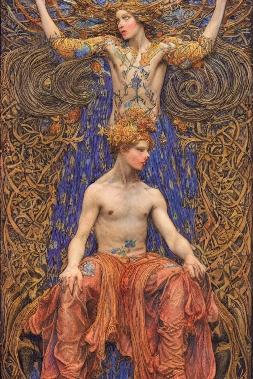 Image similar to coronation of the flower prince, by Annie Swynnerton and jean delville, embroidered brocade, tattoos, elaborate costume, geometric ornament, symbolist, rich colors, dramatic lighting, smooth, sharp focus, extremely detailed