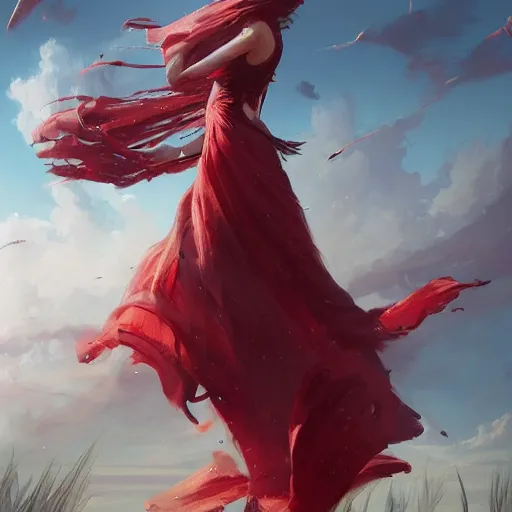 Image similar to a woman with red long dress balancing with wind in a glamor scene, highly detailed, illustration, fantasy art, in the style of greg rutkowski, epic, fantasy, intricate, hyper detailed, artstation, concept art, smooth, sharp focus, ray tracing