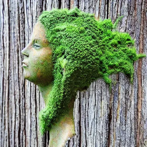 Image similar to mother nature made from a tree, emerging goddess, highly detailed, mossy, flower hair