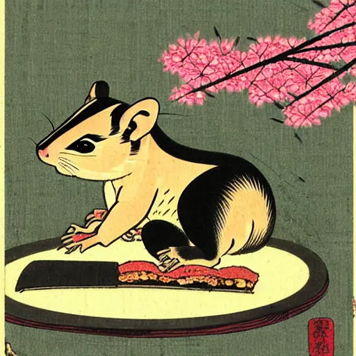 Image similar to japanese edo period woodblock print of a chipmunk eating pizza with pink blossoming cherry trees in the background, art by greg rutkowski and yoji shinkawa and akira toriyama