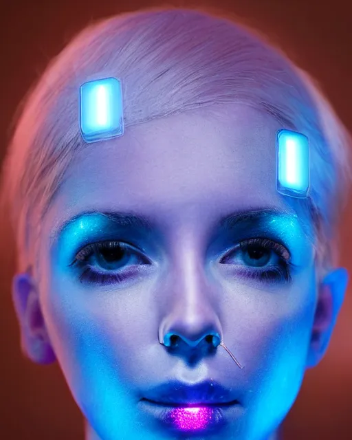 Image similar to natural light, soft focus portrait of an android with soft synthetic pink skin, blue bioluminescent plastics, smooth shiny metal, elaborate electronic jewellery, screens for eyes, leds, piercings, face tattoo, skin textures, by annie liebovotz, paul lehr,