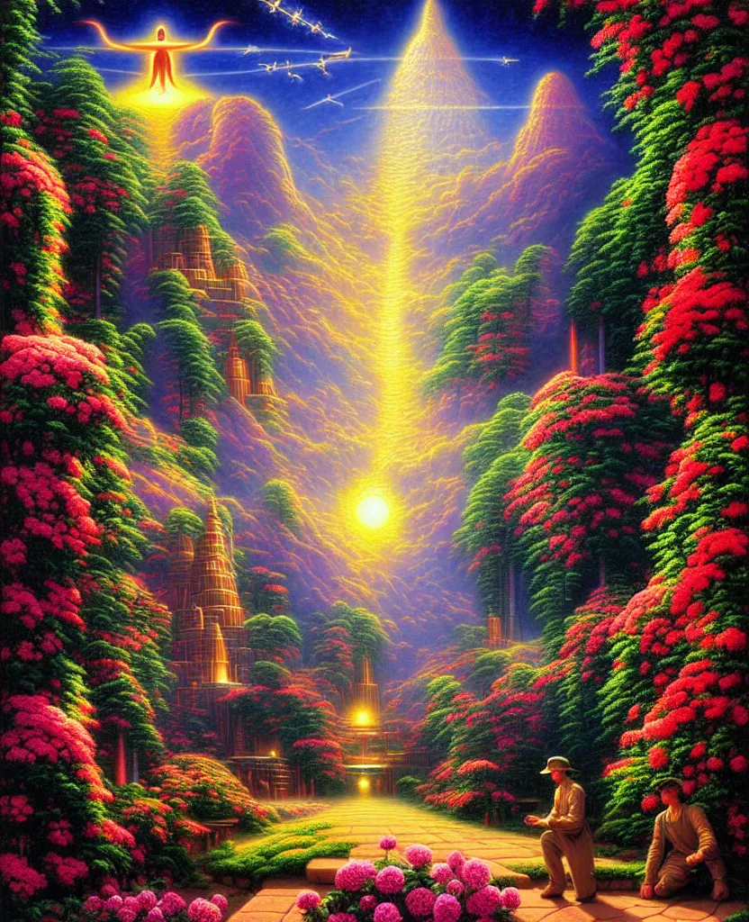 Prompt: a beautiful future for human evolution, spiritual science, divinity, utopia, by david a. hardy, wpa, public works mural, socialist, flowers and gardens by kinkade
