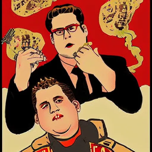 Image similar to NO JONAH HILLS ALLOWED. JONAH HILL is the subject of this ukiyo-e hellfire eternal damnation catholic strict propaganda poster rules religious. WE RULE WITH AN IRON FIST. mussolini. Dictatorship. Fear. 1940s propaganda poster. ANTI JONAH HILL. 🚫 🚫 JONAH HILL. POPE. art by joe mugnaini. art by dmitry moor. Art by Alfred Leete.