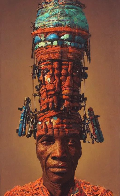 Prompt: portrait of african tribal chief wearing mecha head gear, symmetrical, dramatic lighting, art by zdzislaw beksinski,