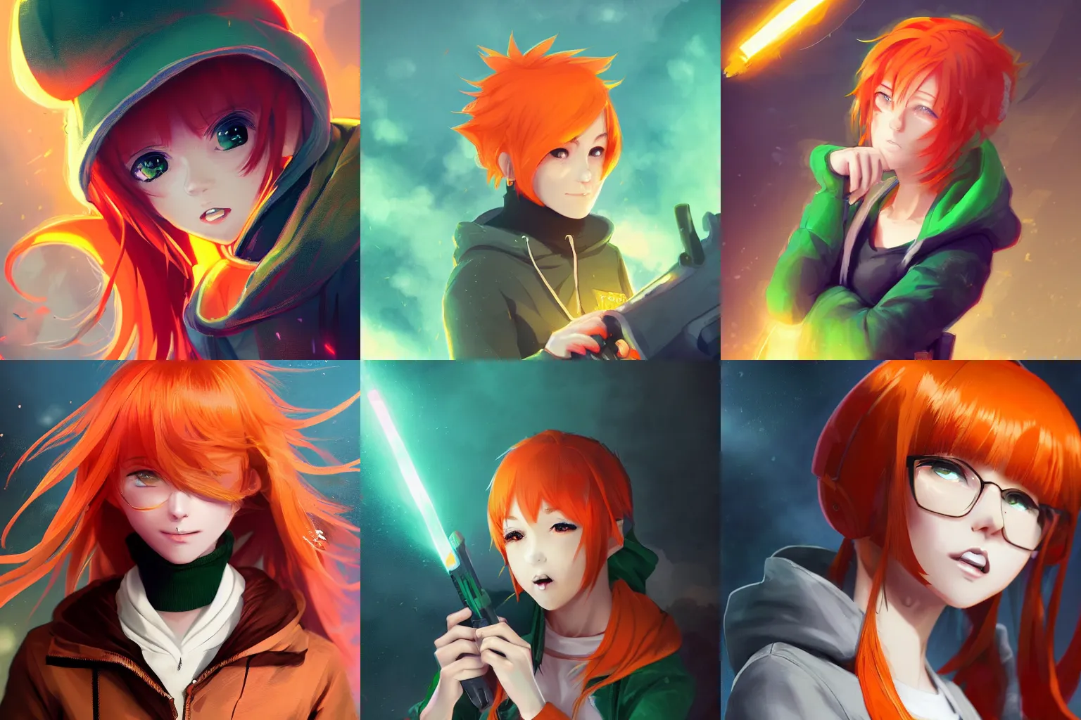 Prompt: a beautiful girl with orange hair, wearing green hoodie, playing with explosives, character art portrait, anime key visual, official media, illustrated by wlop, extremely detailed, 8 k, trending on artstation, cinematic lighting, beautiful