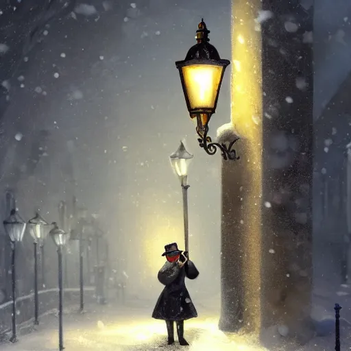 Prompt: a lamplighter on a victorian london street lighting wics with a butane lighter, snowy town, dynamic lighting, photorealistic fantasy concept art, trending on art station, stunning visuals, creative, cinematic, ultra detailed