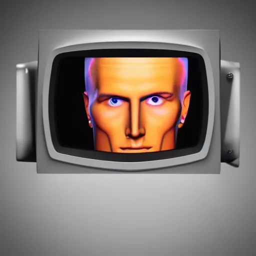 Image similar to a hyperrealistic 3 d render of max headroom on a vintage tv, octane render, unreal engine, 8 k, trending on artstation, ultra detailed, volumetric lighting, dramatic lighting, lasers, neon