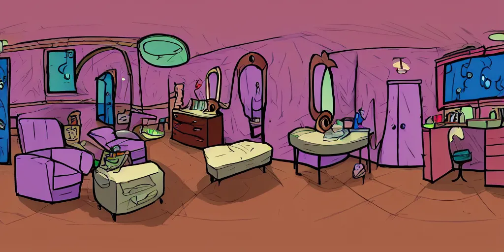 Image similar to a dimly lit, theater dressing room, with a mirror, a chair, a couch, day of the tentacle style, drawn by Peter Chan, fish eye