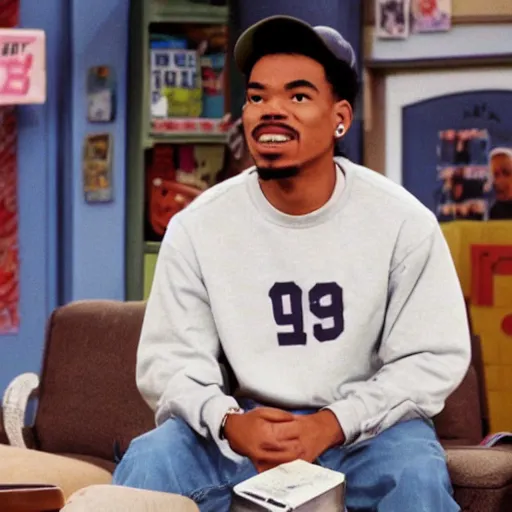 Image similar to a tv still of Chance The Rapper starring as a black college student at Jones College Prep in a 1993 sitcom