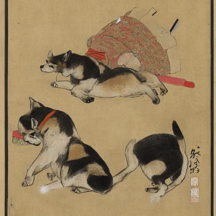 Prompt: a shiba-inu-samurai waking up from a nap, artwork on loan from the historical dog society of japan