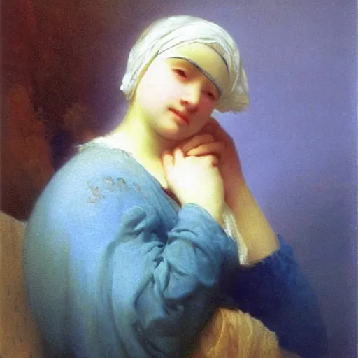 Image similar to a young woman’s face, her hair is white, her eyes are covered with a flowing blue satin blindfold, by ivan aivazovsky and alma tadema and and willen claesz heda and aelbert cuyp and gerard ter borch