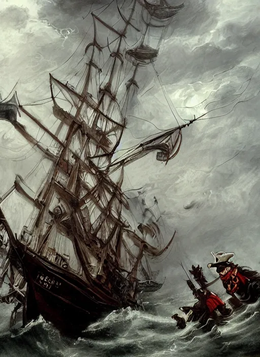 Prompt: mid shot portrait of a male pirate with two peglegs and two hook hands in foreground, fat obese pirate with beard, steering the rudder wheel of a wooden galleon tall ship of the line through a rain and lightning storm. view from on deck, sails masts rigging ropes pulleys, detailed dynamic light painting by peter mohrbacher