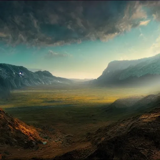 Image similar to huge valley, extreme drama, distant glow, hdr, movie still, fully photorealistic, artstation, beautiful concept art, sharp luminescent focus, nd 6, sony fx 6, glowing luminescent invocations