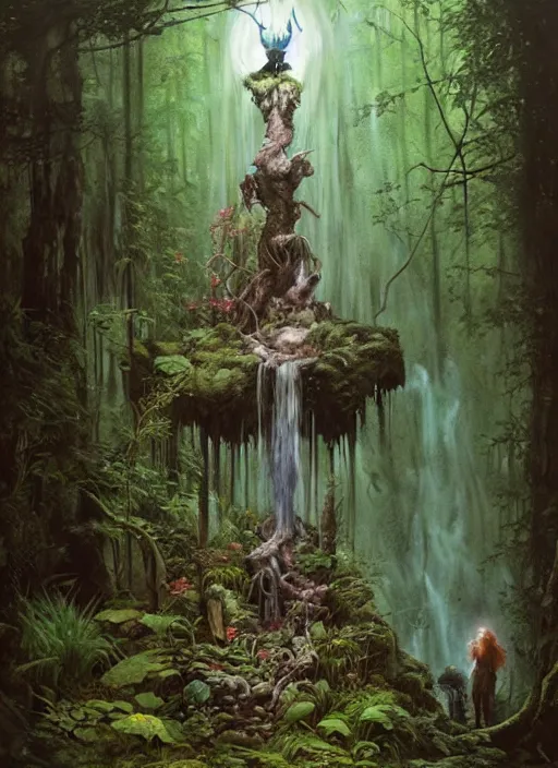 Prompt: a hyper realistic witch shrine under a waterfall in the woods, gorgeous lighting, lush forest foliage, painting by chiara bautista and tom bagshaw, muca beksinski and norman rockwell and greg rutkowski weta studio, and lucasfilm