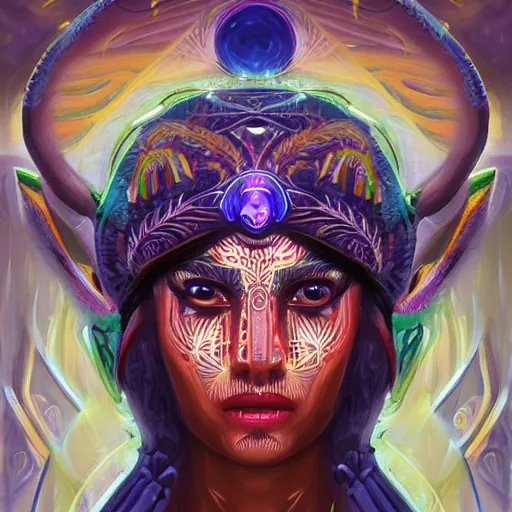 Image similar to portrait of a future metaverse Ayahuasca tech shaman warrior, 2D cartoon, visionary art, symmetric, Magick symbols, holy halo, shipibo patterns, sci-fi, concept art, trending on art station, 8k digital art, by Mandy Jurgens, fantasy portrait art, anime