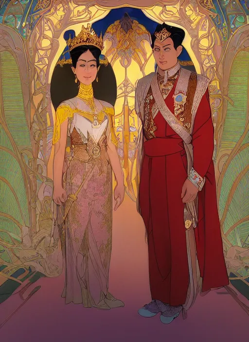 Image similar to well - lit art nouveau portrait of queen sirikrit and king bhumibol adulyadej of thailand, winatural lighting, path traced, real face, thai elegant traditional costume, highly detailed, high quality, cartoon, digital painting, by don bluth and ross tran and studio ghibli and alphonse mucha