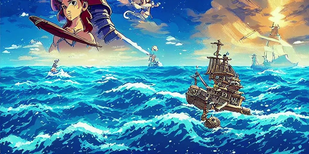 Prompt: hd pixel art beautiful pirates battles in the ocean botw-studio-ghibli-interstellar-dinotopia #art #distinct #cinematic-composition