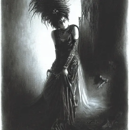 Image similar to siouxsie sioux, creepy atmosphere, dark, portrait, realistic, very realistic, illustration by gustave dore