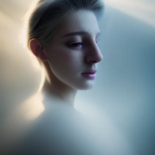 Image similar to photographic portrait of a stunningly beautiful alluring serene stark female ghost in soft dreamy light at sunset, smoke fog dust, god rays contemporary fashion shoot, by edward robert hughes, annie leibovitz and steve mccurry, david lazar, jimmy nelsson, breathtaking, 8 k resolution, extremely detailed, beautiful, establishing shot, artistic, hyperrealistic, beautiful face, octane render