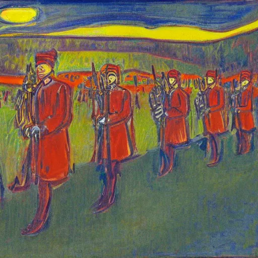 Prompt: marching rebeliantsthrough rebels valley inspired by edward munch