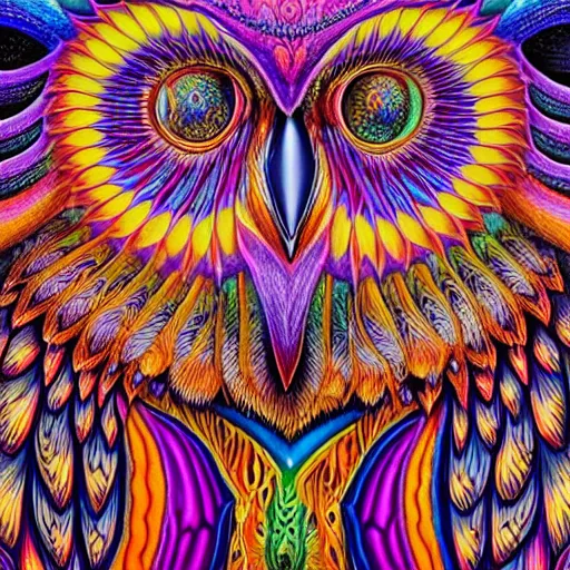 Image similar to colorful detailed portrait of a psychedelic owl by alex grey and johfra bosschart, trending in behance, 4K, deep depth of field