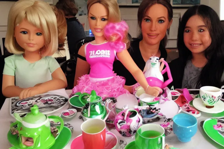 Prompt: Godzilla tea party with Barbie, plastic barbie doll, green rubber suit godzilla