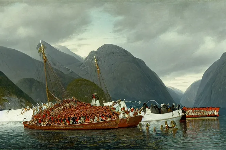 Image similar to a walrus attacking the bridal procession on the hardangerfjord by hans gude, adolph tidemand