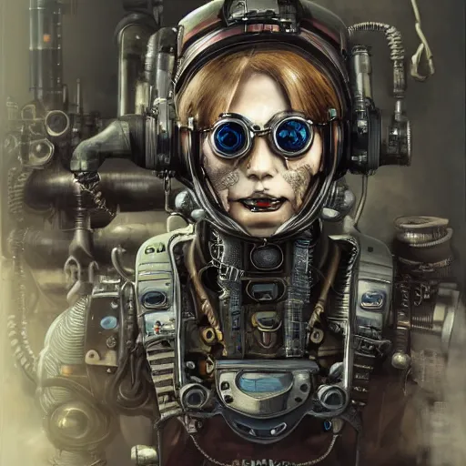 Prompt: portrait painting of a steampunk cyborg pilot, transhumanism, ultra realistic, concept art, studio ghibli, intricate details, eerie highly detailed