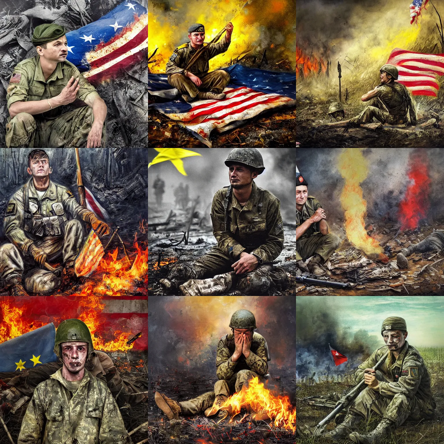 Prompt: Volodymyr Zelensky at war, dressed like a Vietnam war American soldier , sitting on the ground between dead corpses , crying and weeping, holding a half burnt flag of Ukraine, sharp focus, depth of field, hyper detailed, hyper realistic, High definition, by Isaac Cruikshank