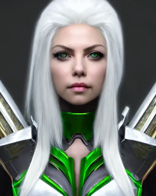 Image similar to perfect white haired attractive egyptian gof, warframe armor, beautiful, symmetric, dreamy, half asian, pretty face, green eyes, charlize theron, detailed, scifi platform, laboratory, experiment, 4 k, ultra realistic, epic lighting, android body, illuminated, cinematic, masterpiece, art by akihito tsukushi, voidstar