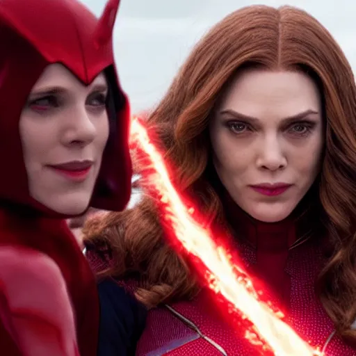 Prompt: human scarlet witch killing thanos with her red magic, hyper realistic