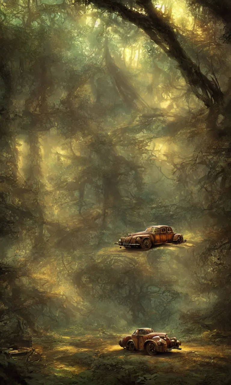 Prompt: a beautiful painting of an old rusted dieselpunk car in an enchanted forest, by heinrich schlitt, marc simonetti and john howe, artstation. fairies. early evening. volumetric lighting