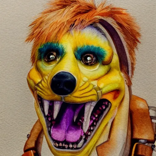 Prompt: water color on paper, chica animatronic portrait, highly detailed, artstation, masterpiece, award - winning,