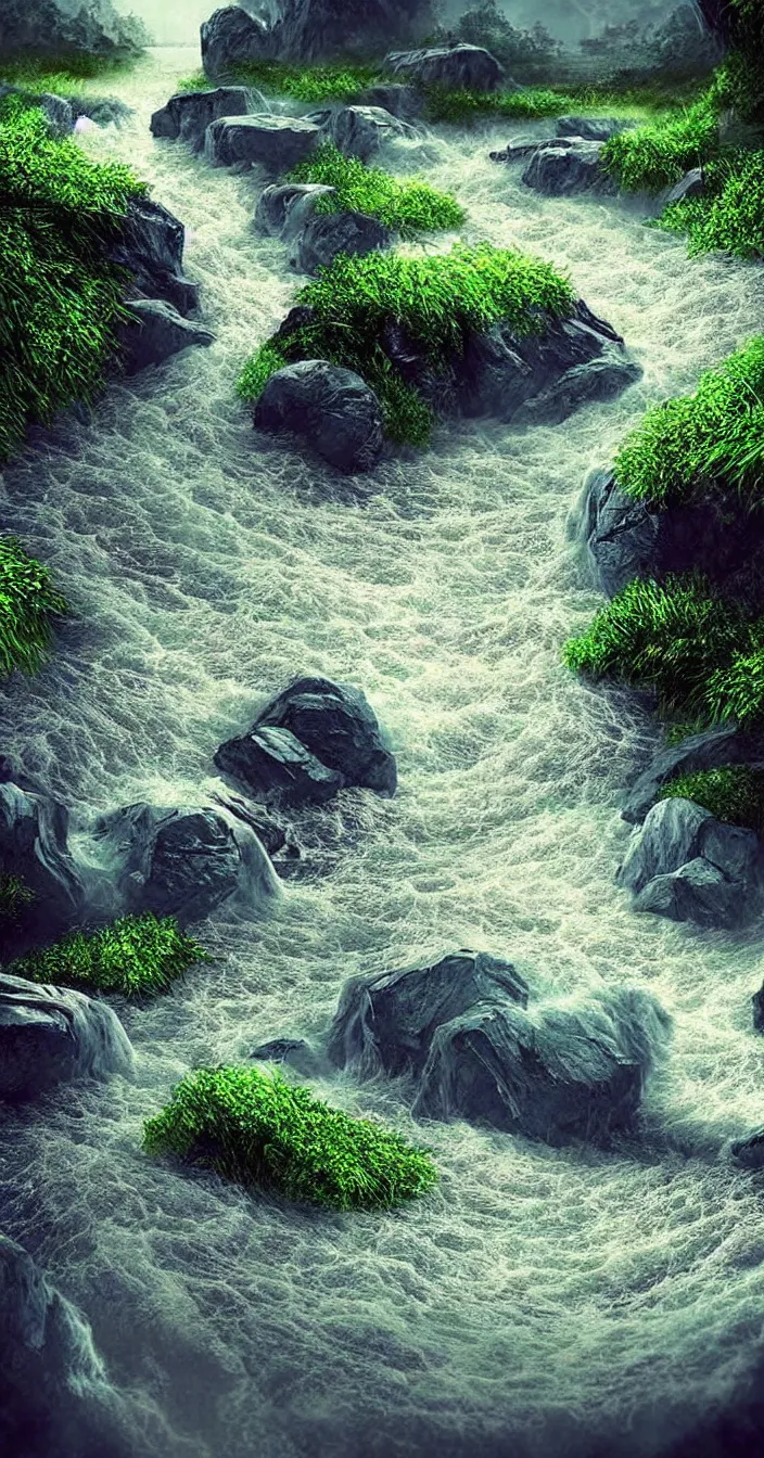 Image similar to realistic photo of no clean water left due to high water pollution in future, very sharp focus, very hyper realistic, highly detailed, fantasy art station