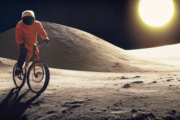 Image similar to A professional photo of Boris Johnson riding a bicycle on the moon; high-quality, dramatic lighting, extremely high detail, trending on artstation
