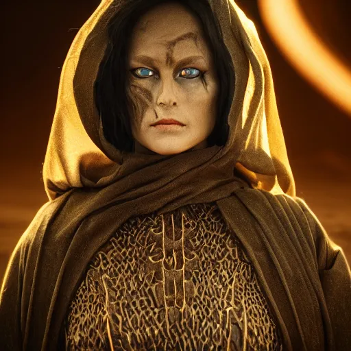 Image similar to a dark priestess from the movie Dune, exquisite, shot with a DSLR, trending, detailed fabrics, 8k