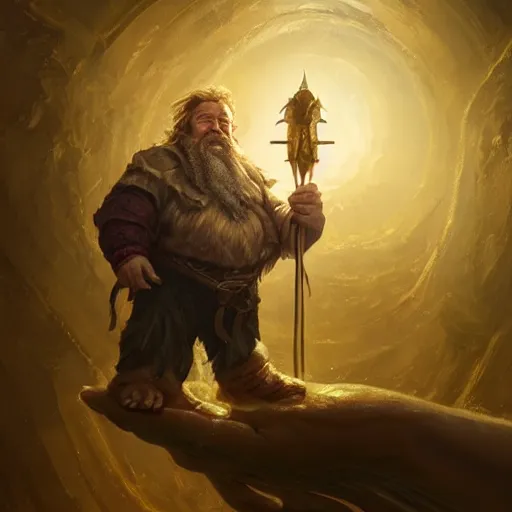 Image similar to portrait of a dwarf holding in two hands the humongous raw, unrefined gold nugget with organically sculpted lines, realistic, beautiful, fantasy art, dnd, lord of the rings, mid - shot, moody lighting, by greg rutkowski, wlop, artgerm, concept art, sharp focus, ray tracing