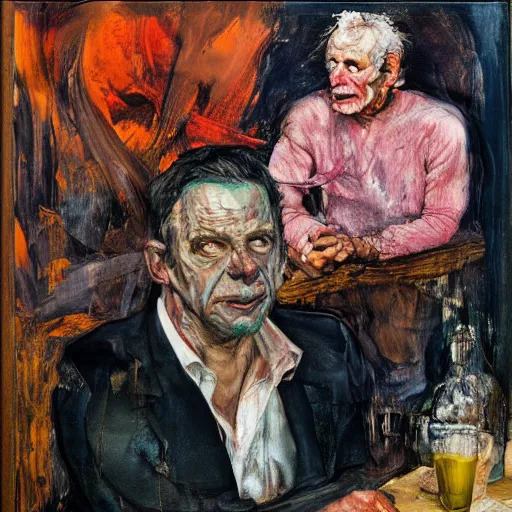 Image similar to high quality high detail expressionist painting of two men at a bar by nicola samori and lucian freud and jenny saville and norman rockwell and francis bacon and edvard munch, hd, anxiety, turquoise and purple and orange and pink