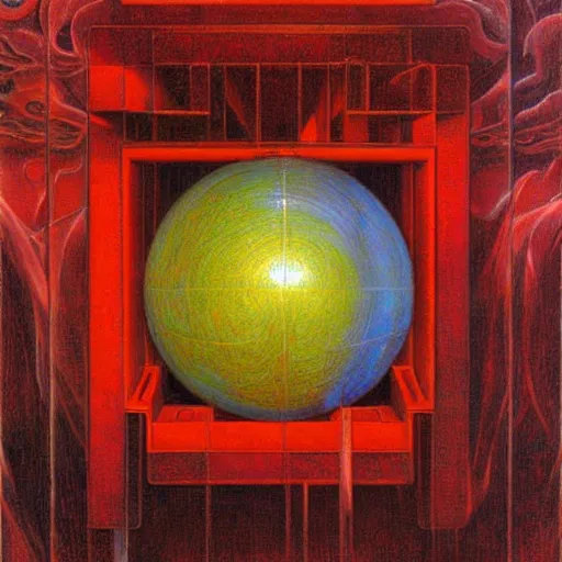 Prompt: chrome spheres on a red cube by jean delville