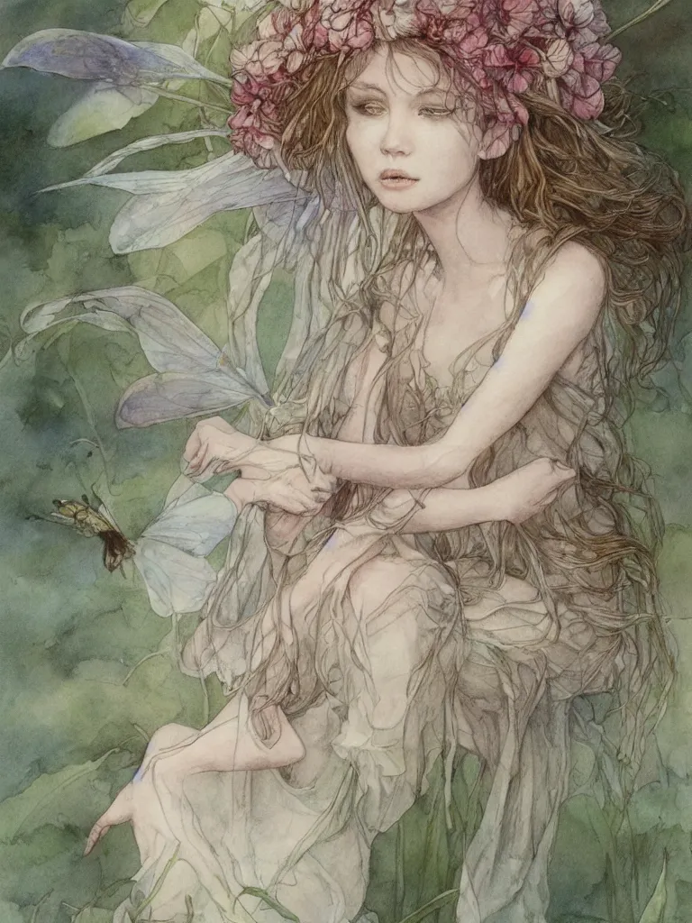 Prompt: study of a flower fairy, illustration, watercolor, alan lee, detailed, pretty, ethereal, realistic, artstation,