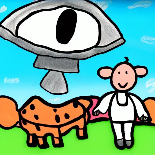 Image similar to A space ship abducts a cow, drawn by a 5 year old, 4k, HD