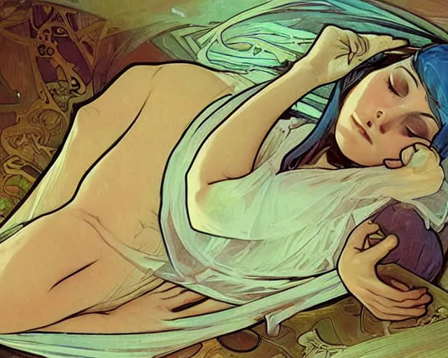 Image similar to cyberpunk woman lying down in a sleeping chamber, realistic illustration, sharp shapes, blue glow, alphonso mucha, mysterious lighting, masterpiece