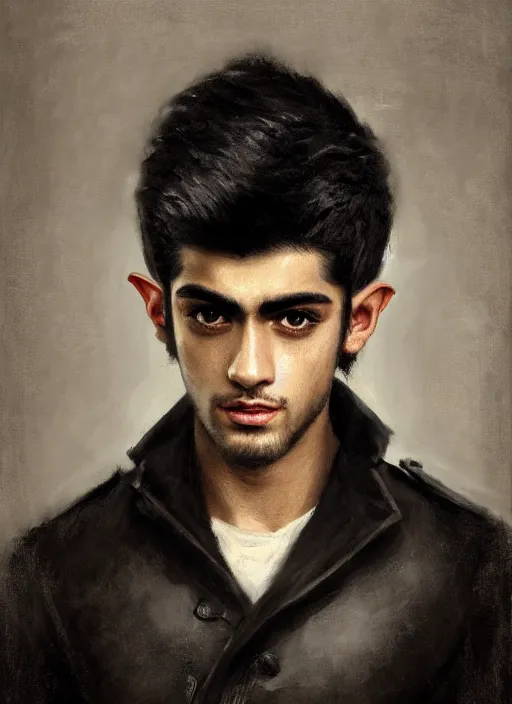 Image similar to head and shoulders portrait painting of young man who looks like zayn malik as an elf by jeremy mann, wearing leather napoleonic military style jacket, only one head single portrait, pointy ears, black background, soft top lighting, moody, shadowed